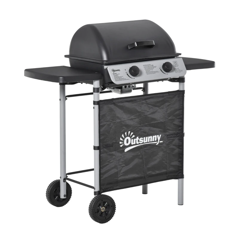 Outsunny Gratar pe gaz cu Capac si 2 Arzatoare cu o putere totala de 5,6 kW, Gratar din Otel cu Roti si Rafturi, 104x49x99cm Negru