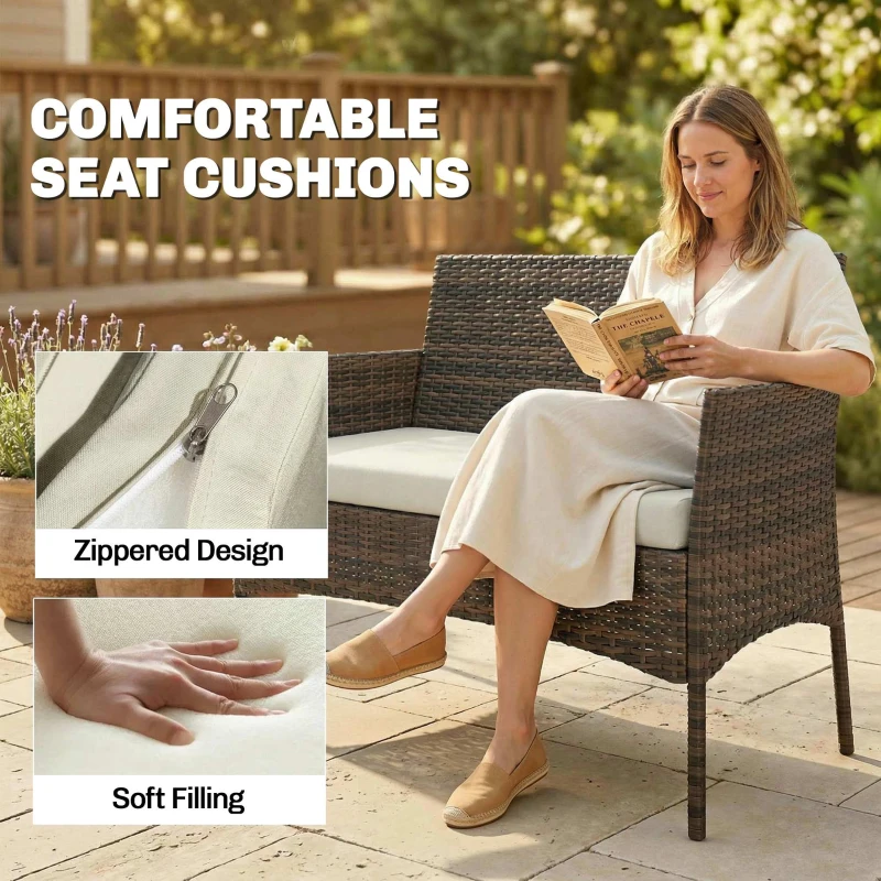 Outsunny 4 Piece Rattan Garden Furniture Sofa Set with Loveseat, Armchairs, Glass-Top Coffee Table and Cushions, Brown