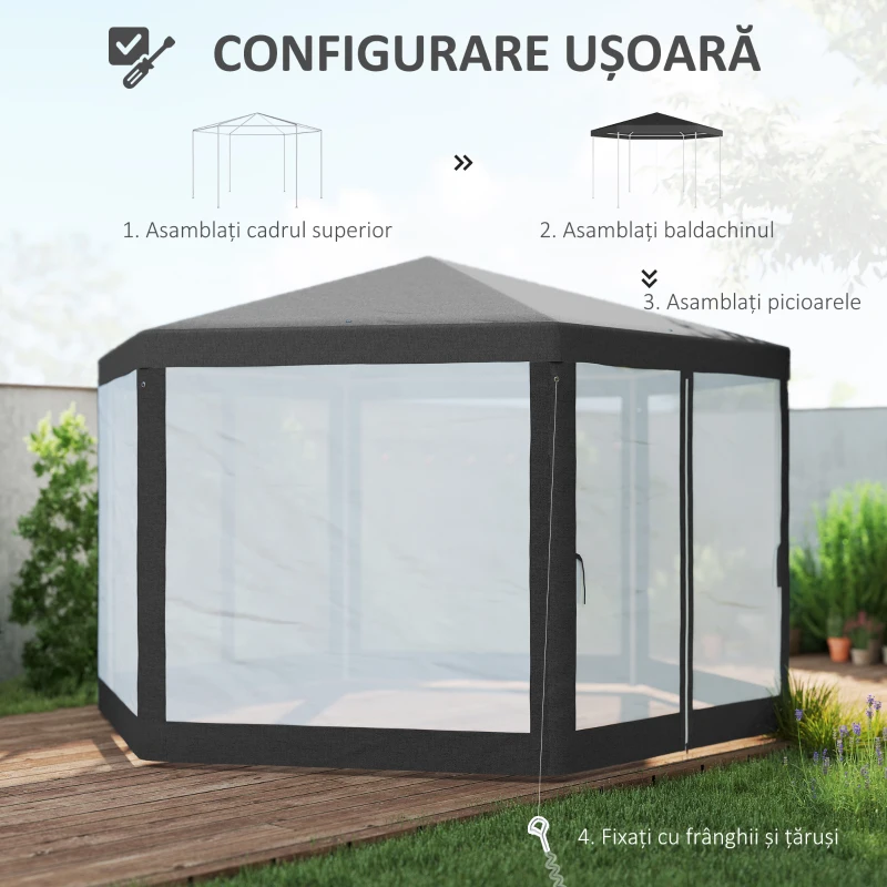 Outsunny Pavilion 4x4 m de Gradina Hexagonal cu Pereti din Plasa