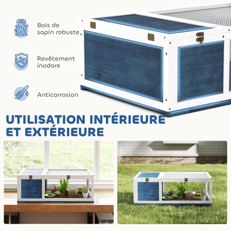 PawHut Maison enclos cage habitat pour petit animal tortues avec 2 espaces 91 x 60,5 x 32 cm bois massif bleu