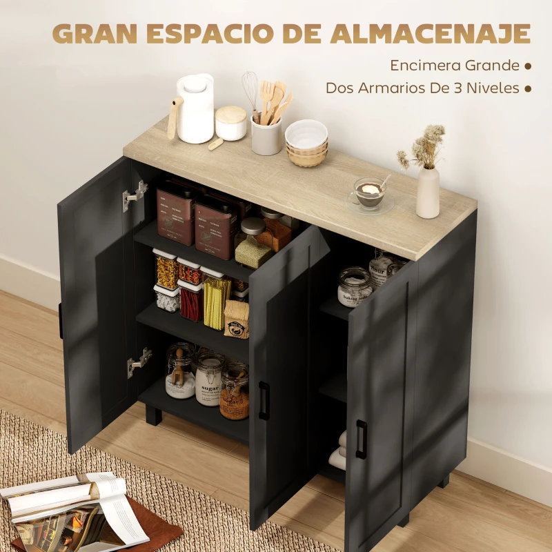 HOMCOM Aparador de Salón con 3 Puertas y Estantes Ajustables para Cocina Comedor Estilo Moderno 90x30x90 cm Negro