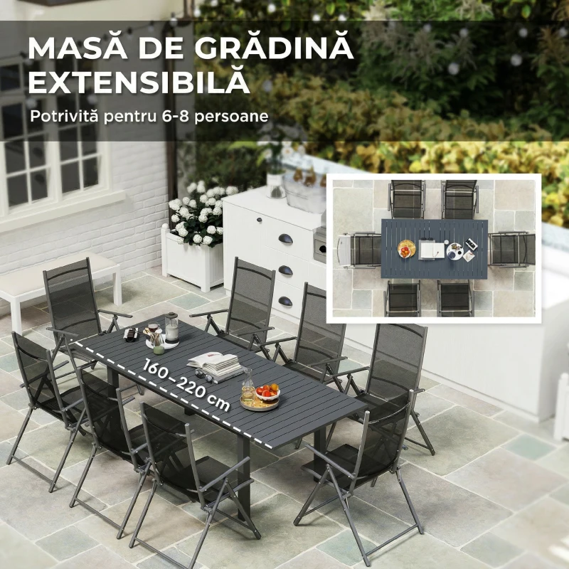 Outsunny Masă extensibilă de grădină 160-220 cm pentru 6-8 persoane, dreptunghiulară, din aluminiu, gri