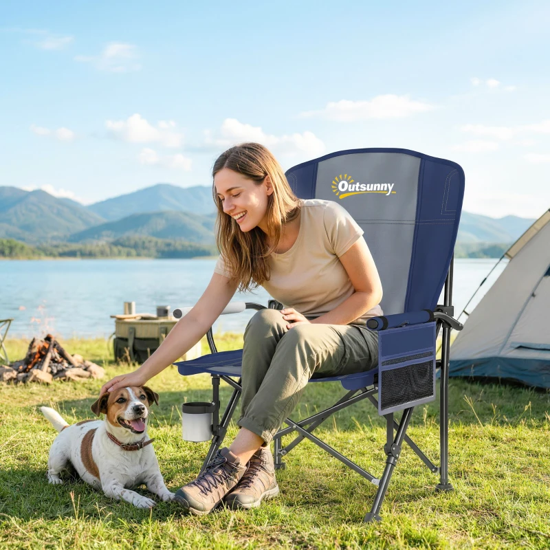 Outsunny Padded Camping Chair Adults Heavy Duty Folding Chair Side Pocket Cup Holder Carry Bag Outdoor Dark Blue