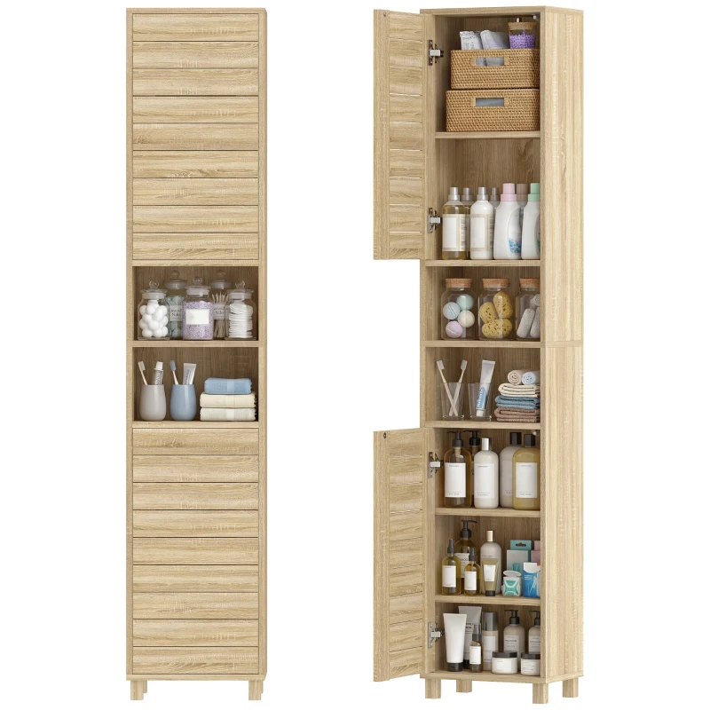 HOMCOM Hochschrank für Badezimmer mit verstellbaren Regalen Lamellentüren Drucköffnung 34x23x170 cm Natur