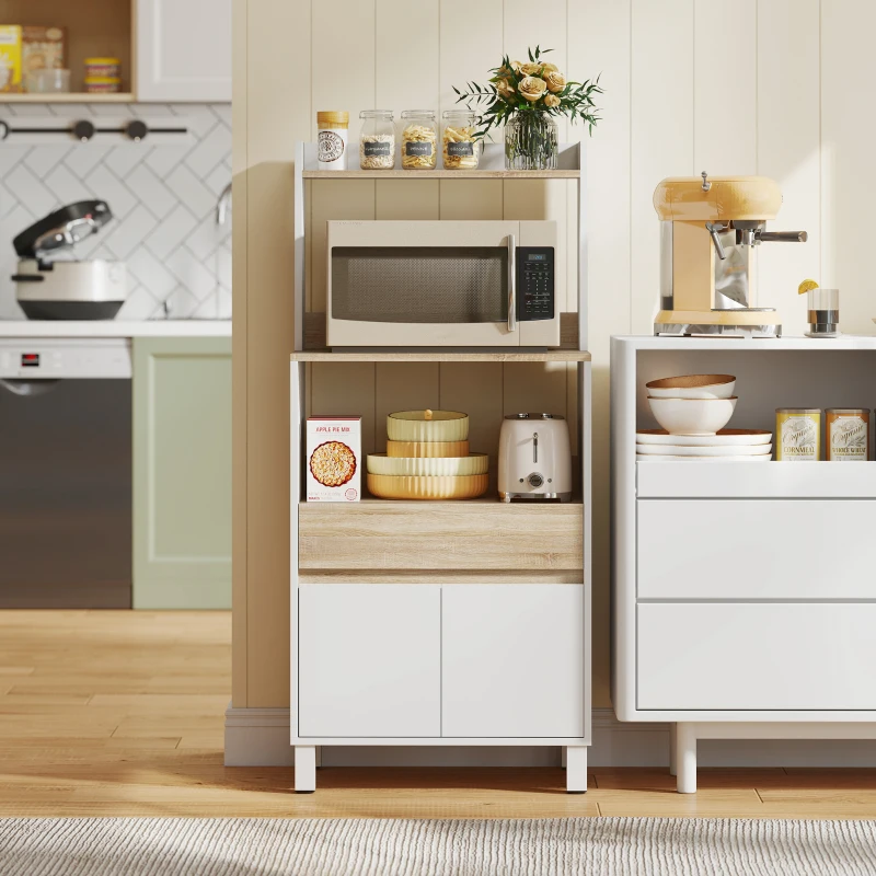 HOMCOM Meuble micro onde, buffet cuisine avec placard tiroir étagère supérieur, 60 x 40 x 131 cm chêne et blanc