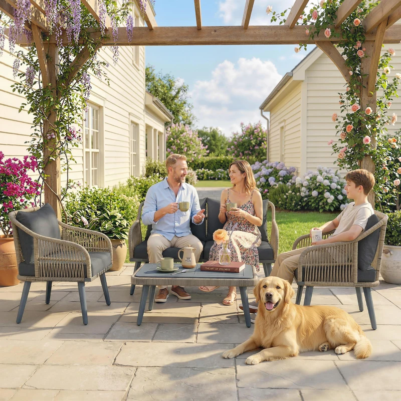 Outsunny 4 Piece Rattan Garden Furniture Set with Loveseat, Armchairs, Wood Table, Wicker Patio Conversation Set, Grey