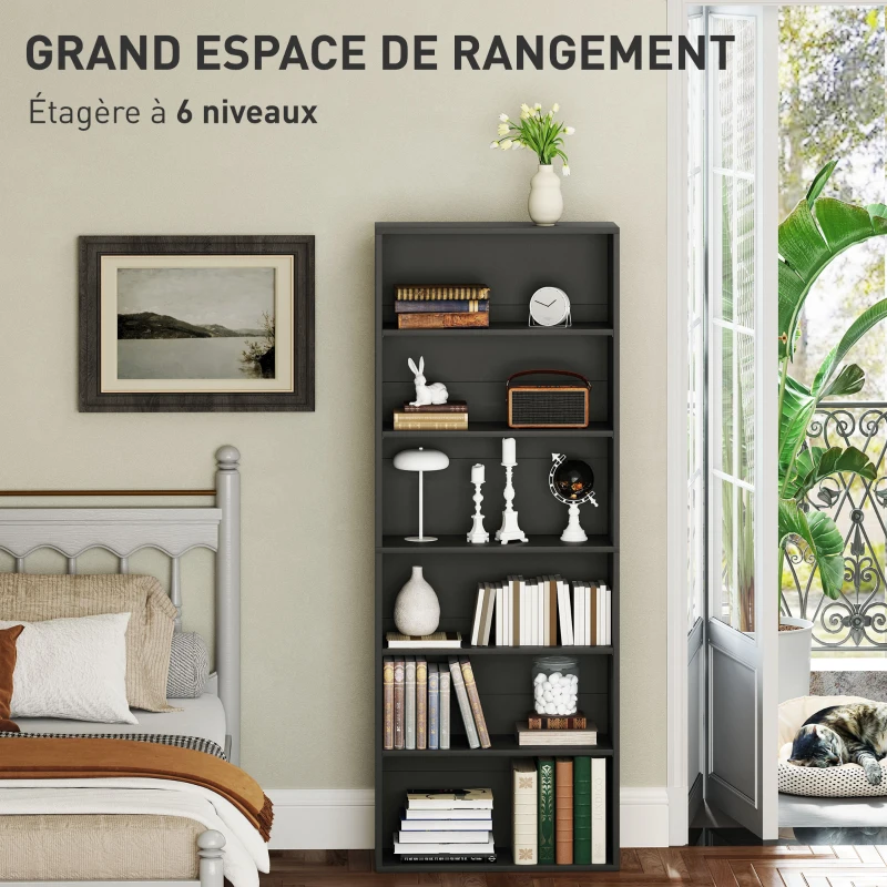 HOMCOM Bibliothèque étagère de rangement 6 niveaux avec étagères réglables pour salon, chambre, bureau, 60x24x158,5cm, noir