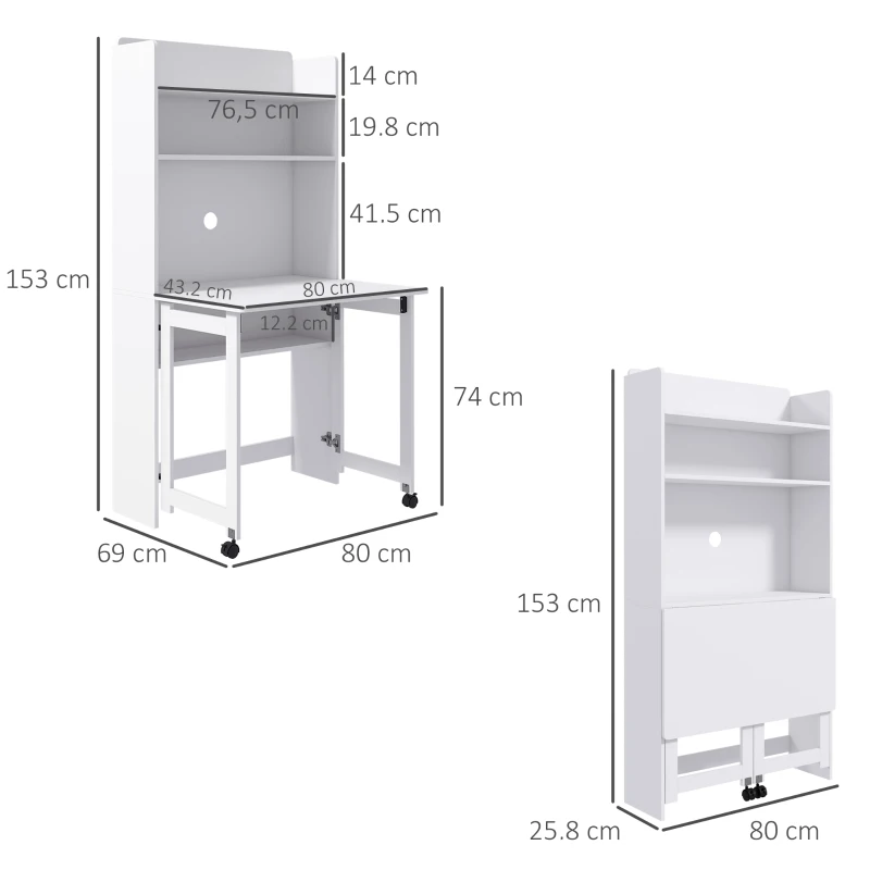 HOMCOM Scrivania Pieghevole con Libreria a 4 Ripiani, 2 Ruote e Foro Passacavi, 80x69x155 cm, Bianco