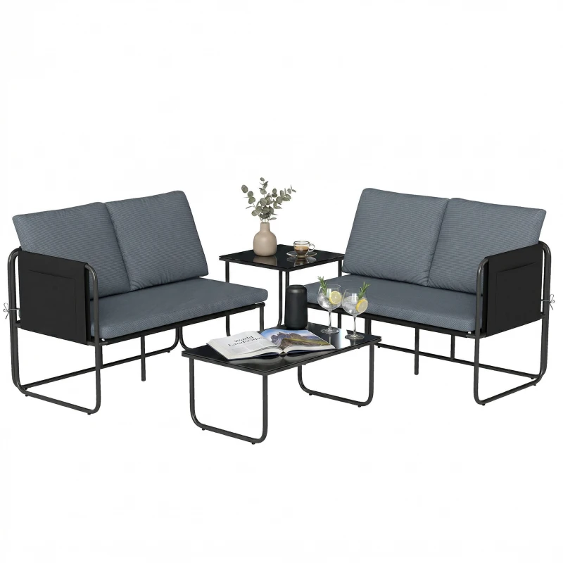 Outsunny Ensemble de jardin extérieur 4 pièces avec 2 canapés 2 places 2 tables en verre coussins housses amovibles et poches gris