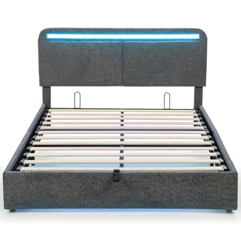 HOMCOM Lit coffre 140 x 190 cm avec éclairage LED, tête de lit réglable, cadre de lit double, sommier à lattes en bois, gris