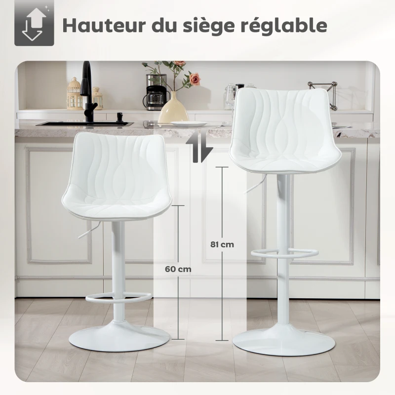 HOMCOM Lot de 2 tabourets de bar, chaises de bar structure en acier hauteur réglable 92-110 cm, dossier repose-pieds blanc