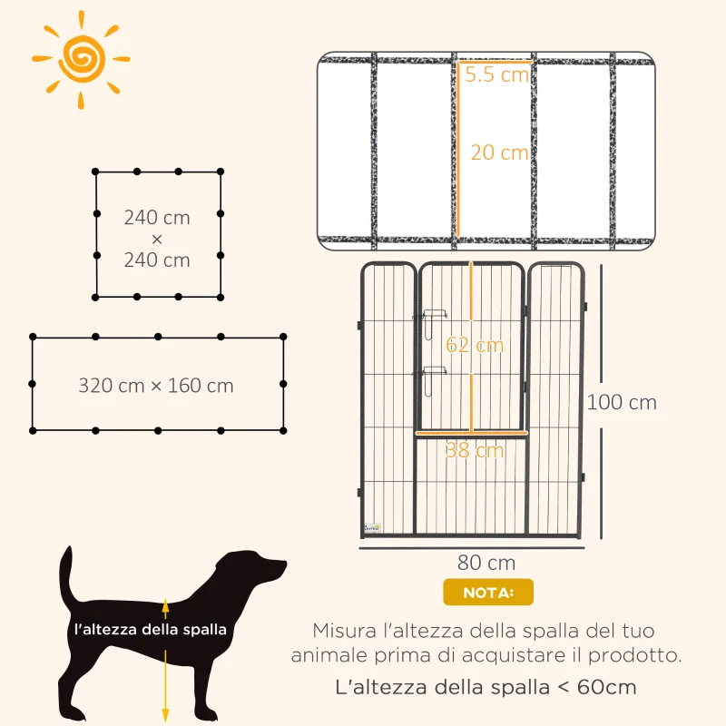 PawHut Recinto per Cani a 12 Pannelli Modulabili da 80x100 cm, Pieghevole con Porta in Acciaio e 12 Picchetti, Grigio