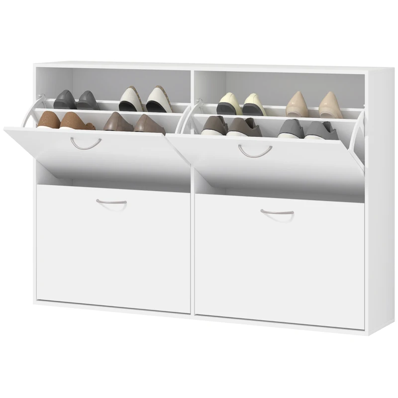 HOMCOM Armoire à Chaussures Meuble à Chaussures Grande Taille dim. 120L x 24l x 81H cm 4 Portes abattantes Double Niveau en Bois Blanc