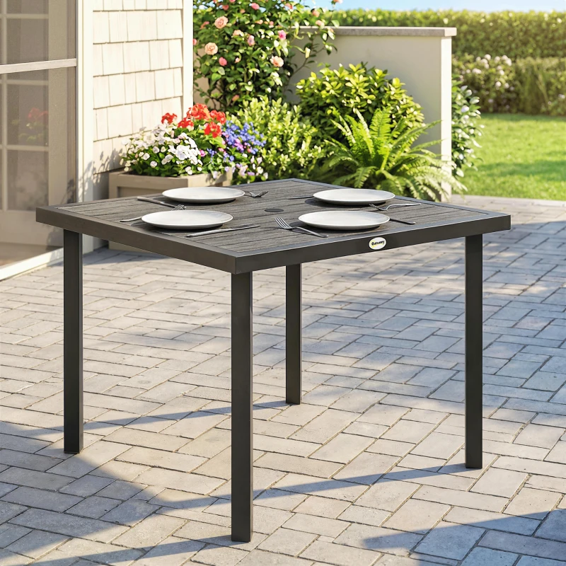 Outsunny Square Garden Dining Table with Parasol Hole, Slatted Top, Metal Frame, 86 x 86 x 71 cm, Light Grey