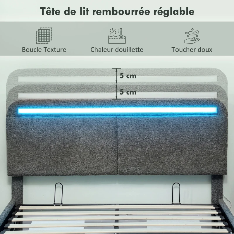 HOMCOM Lit coffre 140 x 190 cm avec éclairage LED, tête de lit réglable, cadre de lit double, sommier à lattes en bois, gris