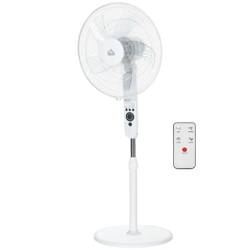 HOMCOM Standventilator Lüfter Fernbedienung Höhenverstellbar 3 Geschwindigkeitsstufen Metall, Weiß, Ø44,5 x H110-124 cm