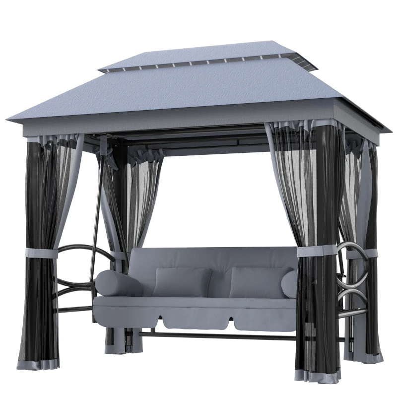 Outsunny 3 Seater Swing Chair 3-in-1 Convertible Garden Swing Seat Bed Gazebo Patio Bench Outdoor with Double Tier Canopy, Cushioned Seat, Mesh Sidewalls, Grey