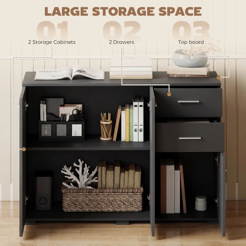 HOMCOM Sideboard, Modern Storage Cabinet with 2 Drawers, 3 Doors and Adjustable Shelves, Black