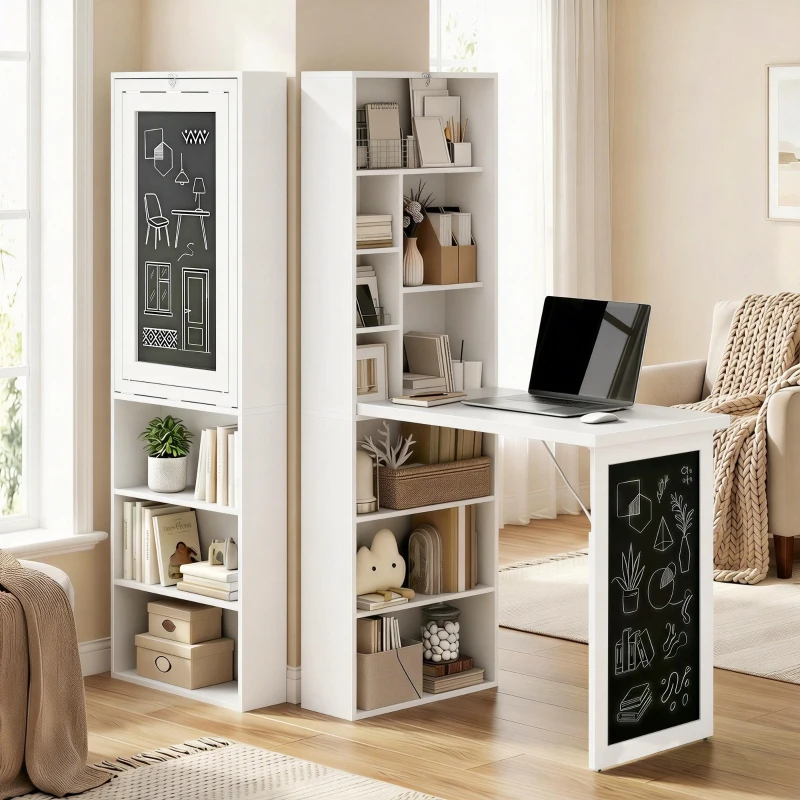 HOMCOM Bureau avec rangement pliable murale rabattable avec bibliothèque poste de travail tableau à craie et étagère réglable