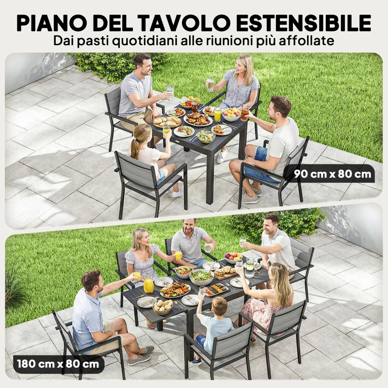 Outsunny Set Pranzo Esterni 7 Pezzi, Tavolo e Sedie in Alluminio per 6 Persone.