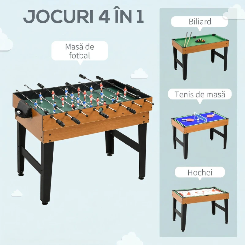 HOMCOM Masă Multifuncțională 4 în 1 cu Fotbal de Masă, Biliard, Tenis de Masă și Hochei, 107x61x84.5cm