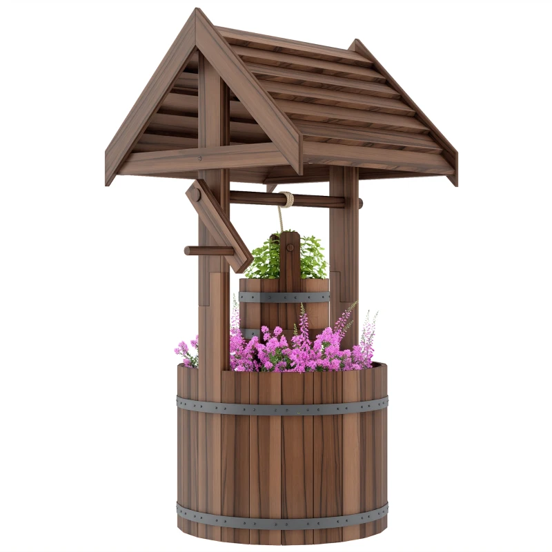 Outsunny Wood Wishing Well for Outside with Hanging Bucket, Wishing Well Planter with Drain Hole for Garden Patio, Carbonized