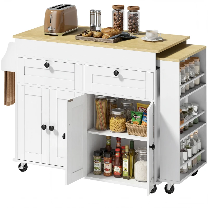 HOMCOM îlot central cuisine avec plateau extensible, desserte de cuisine sur roulettes avec 2 tiroirs, 4 portes, blanc