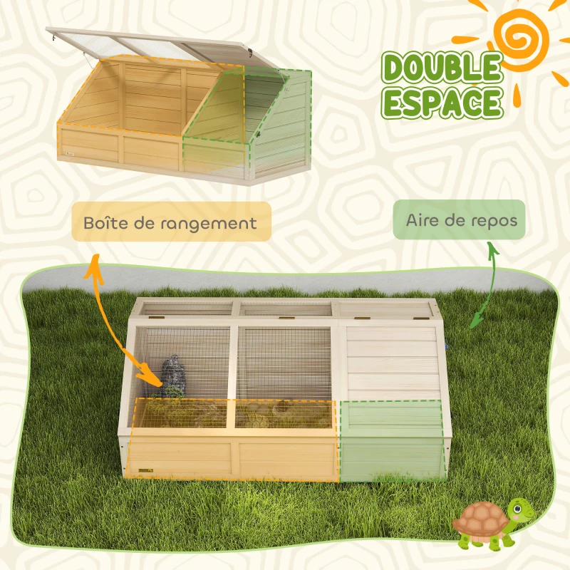 PawHut Maison enclos cage pour petit animal tortue en bois avec couvercle ouvrable, loquets, 2 espaces distincts, bois naturel