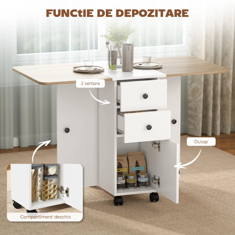 HOMCOM Masă pliabilă cu 2 sertare și dulap, 6 roți și frâne, 120x60x76.5 cm, alb și stejar