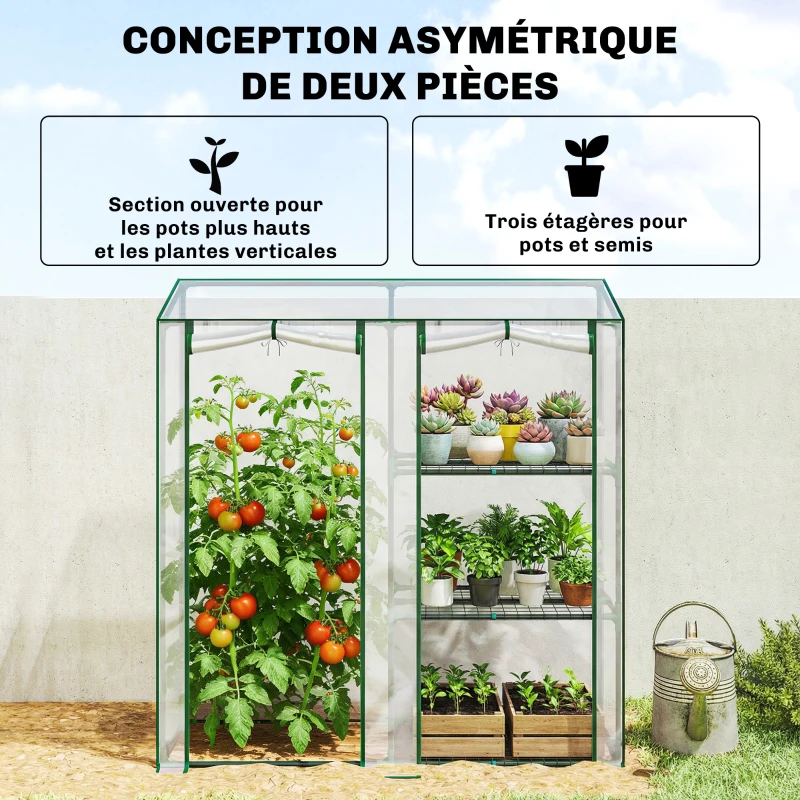 Outsunny Serre de Jardin avec étagères 3 niveaux, Petite Serre en Bâche PVC et Châssis Acier, 2 Portes Roulantes, Transparent