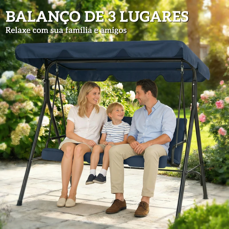 Outsunny Baloiço de Jardim Exterior de 3 Lugares com Toldo Ajustável e Estrutura de Aço 172x118x153 cm Azul-Marinho