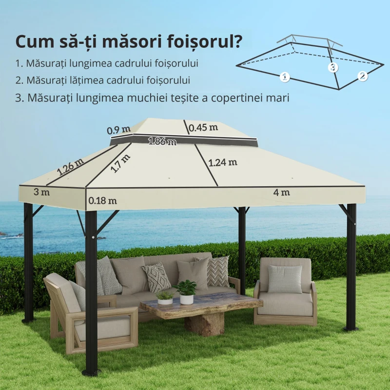 Outsunny Acoperire pentru Foișor de Grădină 3x4 m cu 2 Niveluri din Material Oxford 600D cu Orificii de Drenaj, Alb-Crem
