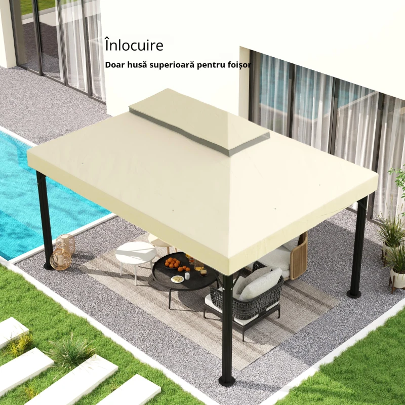 Outsunny Acoperire pentru Foișor de Grădină 3x4 m cu 2 Niveluri din Material Oxford 600D cu Orificii de Drenaj, Alb-Crem