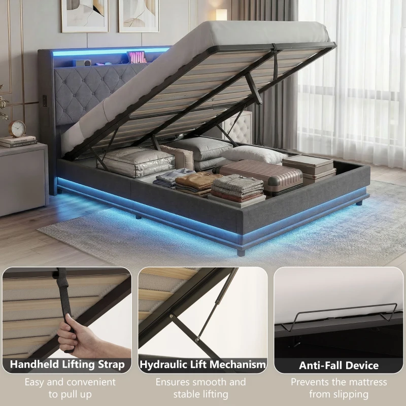 HOMCOM Lit coffre 140x190cm éclairage LED et station de charge cadre de lit double rembourré lin rangement hydraulique gris