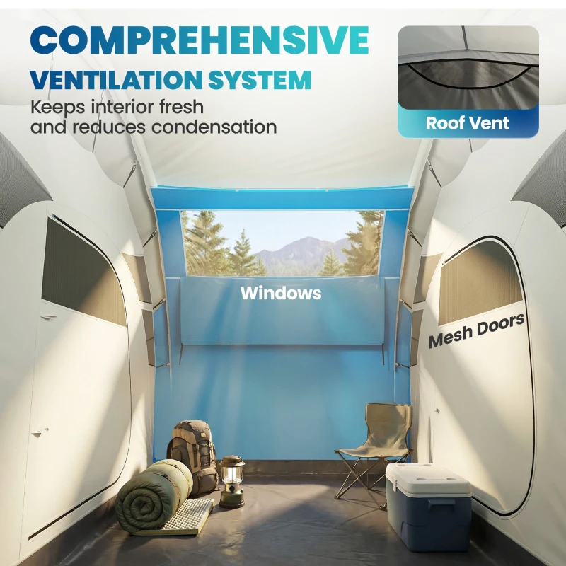 Outsunny Inflatable Tent 2 Bedroom 3000mm Waterproof Windproof Air Tent with Carry Bag for 4 Person