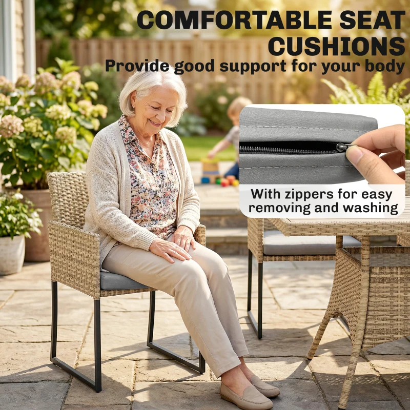 Outsunny 7 Piece Rattan Garden Furniture Set, Garden Dining Set with Wood-Plastic Table and 6 Stackable Chairs, Dark Grey