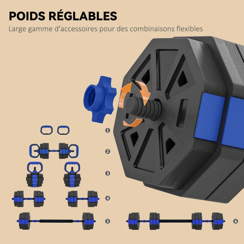 SPORTNOW Ensemble d'Haltères Musculation 6-en-1 Haltère Réglable 30 kg Kettlebell, Barre de Musculation Support pour Pompes Bleu