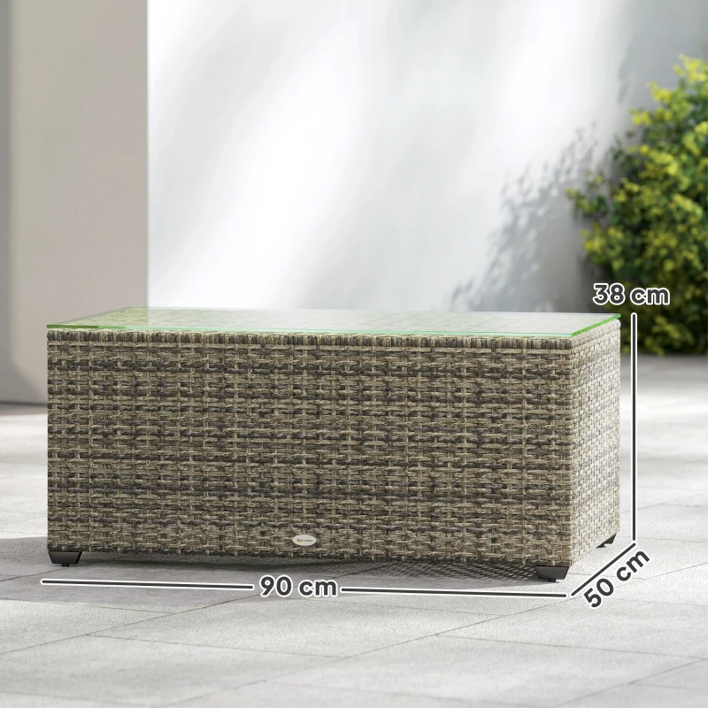 Outsunny Table basse de jardin, table d'appoint en résine tressée avec plateau en verre trempé, 90 x 50 x 38 cm, gris foncé