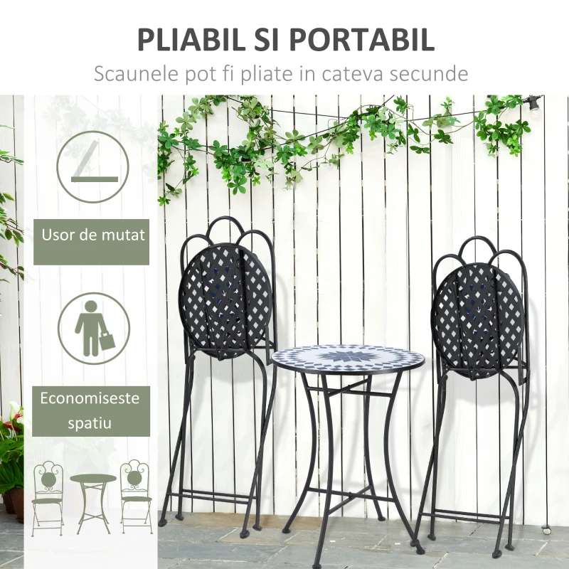 Outsunny Set de Gradina 3 Piese cu 2 Scaune Pliante si 1 Masuta de Gradina, din Metal si Piatra