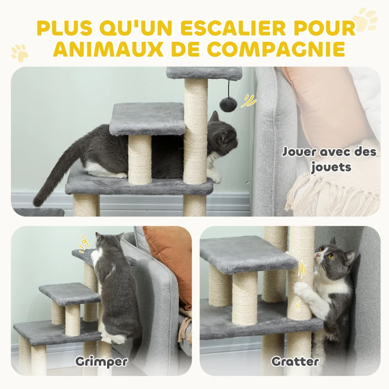 PawHut Escalier pour animaux domestiques réglable 3/4 marches échelle pour chat chien griffoirs sisal 70 x 32 x 68 cm gris
