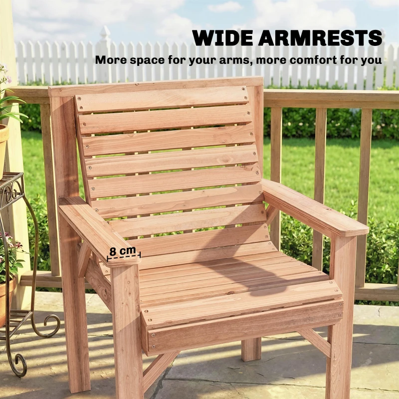 Outsunny Wooden Garden Dining Chair, Outdoor Chair Garden Armchair with Curved Seat and Wide Armrests, Natural Wood Finish
