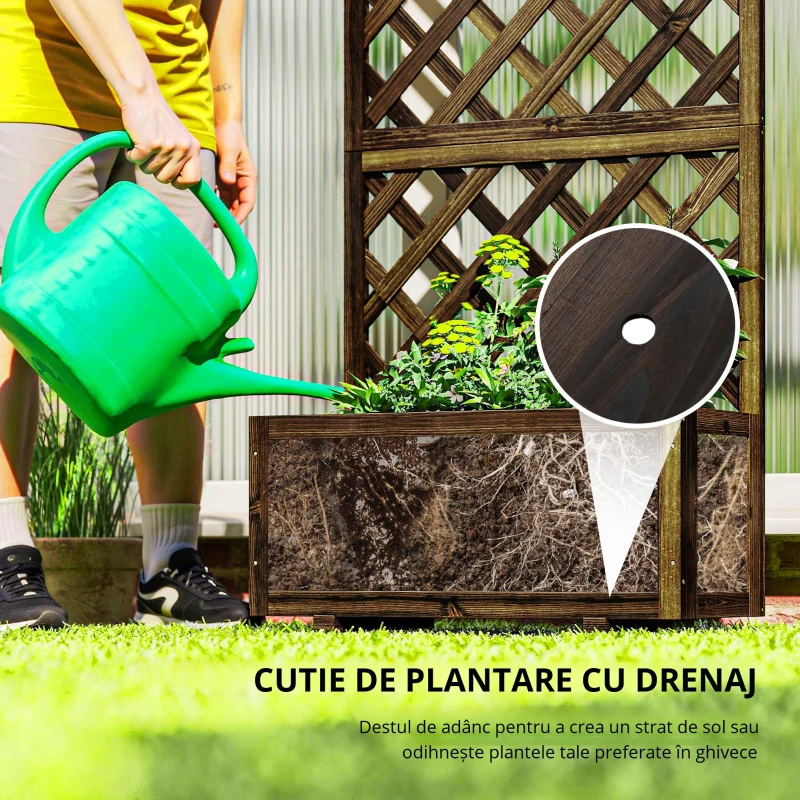 Outsunny Jardinieră de Exterior cu Spalier, Grilaj pentru Plante Cățărătoare și Ghiveci, 72.5x31.5x149.5 cm, Lemn Natural