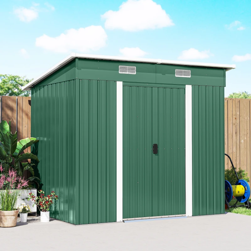Outsunny 7 x 4ft Outdoor Storage Shed with Foundation Kit, Lean to Metal Garden Shed for Log, Rubbish Bin, Tool, Bike, Green
