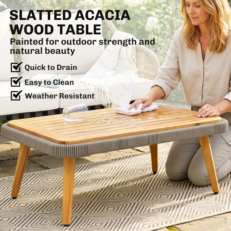 Outsunny 4 Piece Rattan Garden Furniture Set with Loveseat, Armchairs, Wood Table, Wicker Patio Conversation Set, Cream White