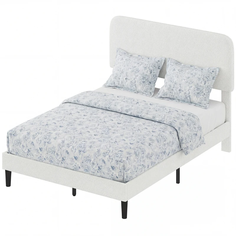 HOMCOM Estrutura de Cama Dupla com Cabeceira Ajustável em Altura Estofada em Tecido Macio com Ripas de Madeira Branco