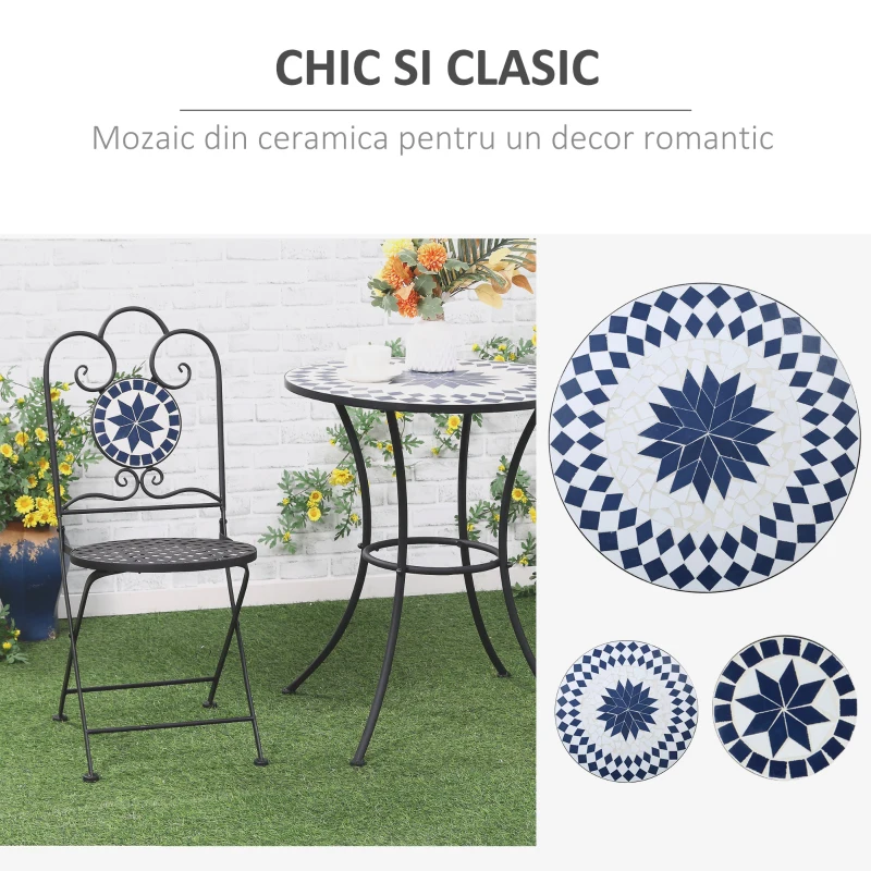 Outsunny Set de Gradina 3 Piese cu 2 Scaune Pliante si 1 Masuta de Gradina, din Metal si Piatra