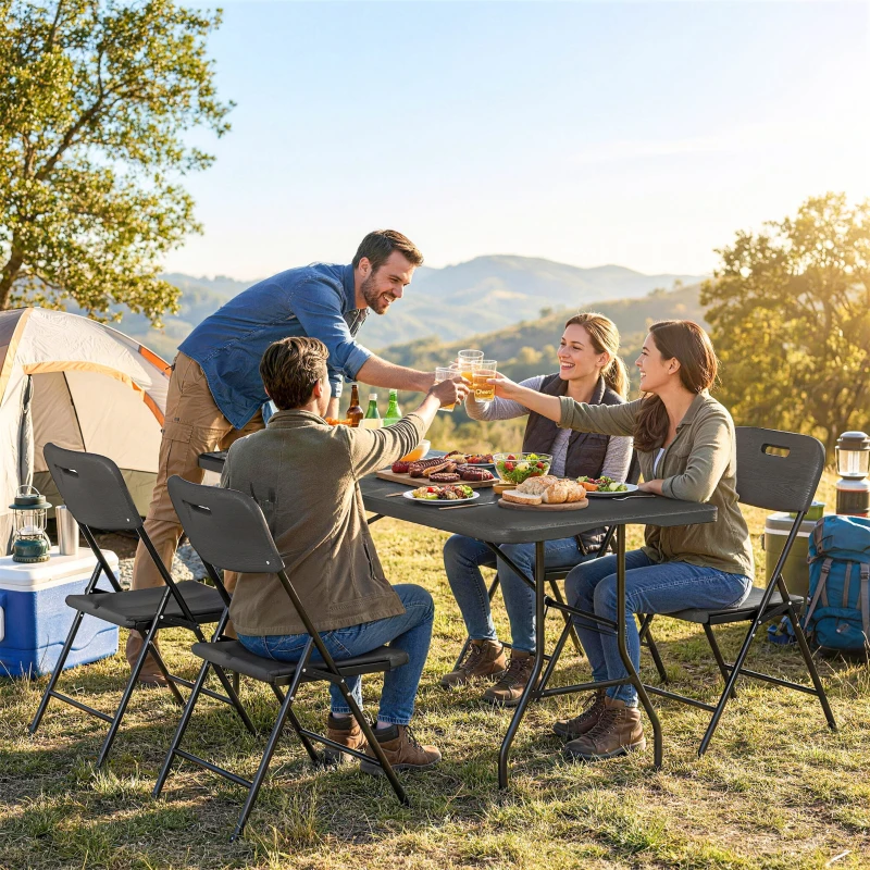 Outsunny 5 Piece 6ft Foldable Table and Chairs, Portable Picnic Table Set with 4 Chairs, Waterproof Top and Steel Frame, Black