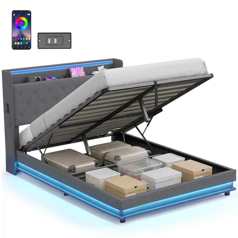 HOMCOM Lit coffre 140x190cm éclairage LED et station de charge cadre de lit double rembourré lin rangement hydraulique gris