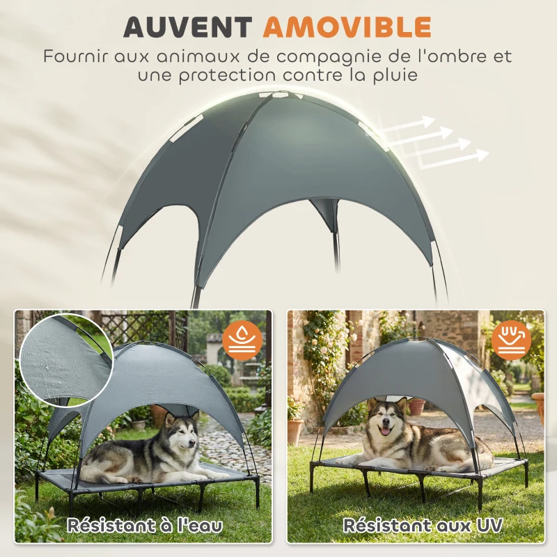 PawHut Lit chien sureleve avec parasol, lit de camp chien chat sur pieds tissu Oxford respirant, anti-UV cadre en métal sac de transport inclus couchage extérieur pour chat 122 x 92 x 108 cm gris noir