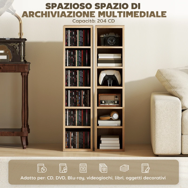HOMCOM Set 2 Mobili Porta CD con Ripiani Regolabili per 204 CD in Legno, 21x22.5x88.5 cm, Rovere